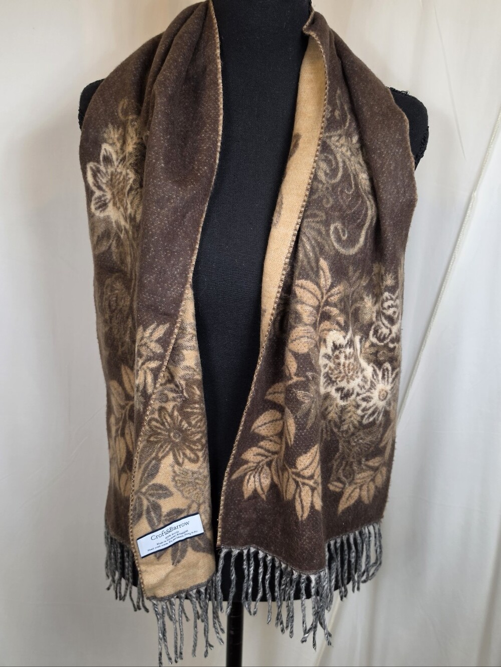 Croft & Barrow Brown Floral Scarf Made in Germany Acrylic Fringe Shawl Wrap 53"